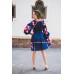 Boho Style Embroidered Classic Dress Navy with Red/White Embroidery